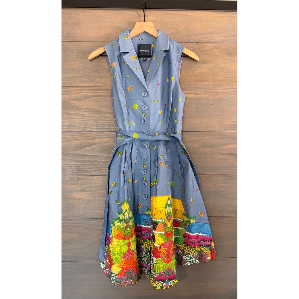 ModCloth Farmers Market Blue Novelty Print Sleeveless Shirt Dress Retro SZ Small - Picture 2 of 4